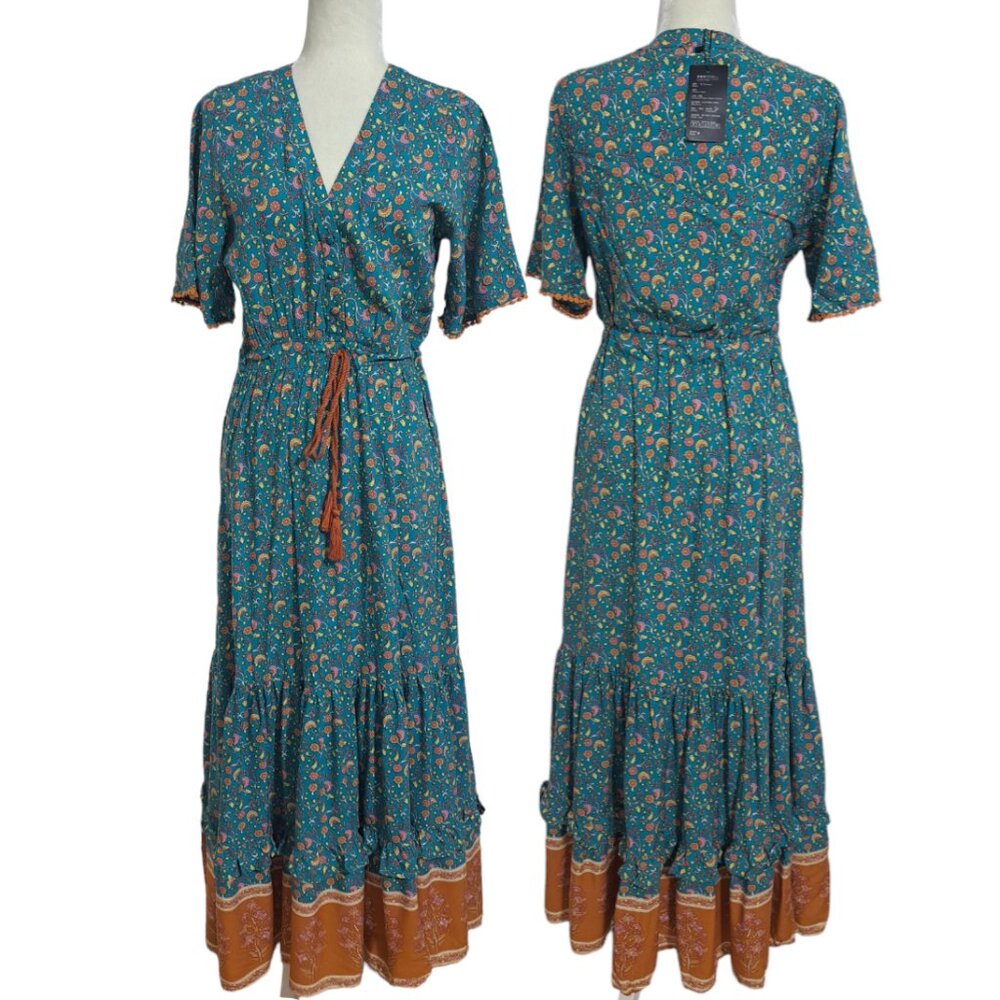 Elegant Floral Maxi Dress in Teal and Brown